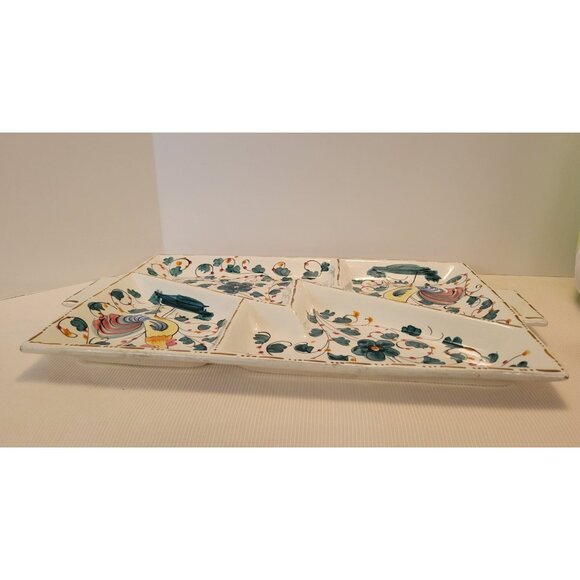 Mid Century Italy Ceramic Divided Serving Platter With Rooster & Floral Design - Picture 3 of 15